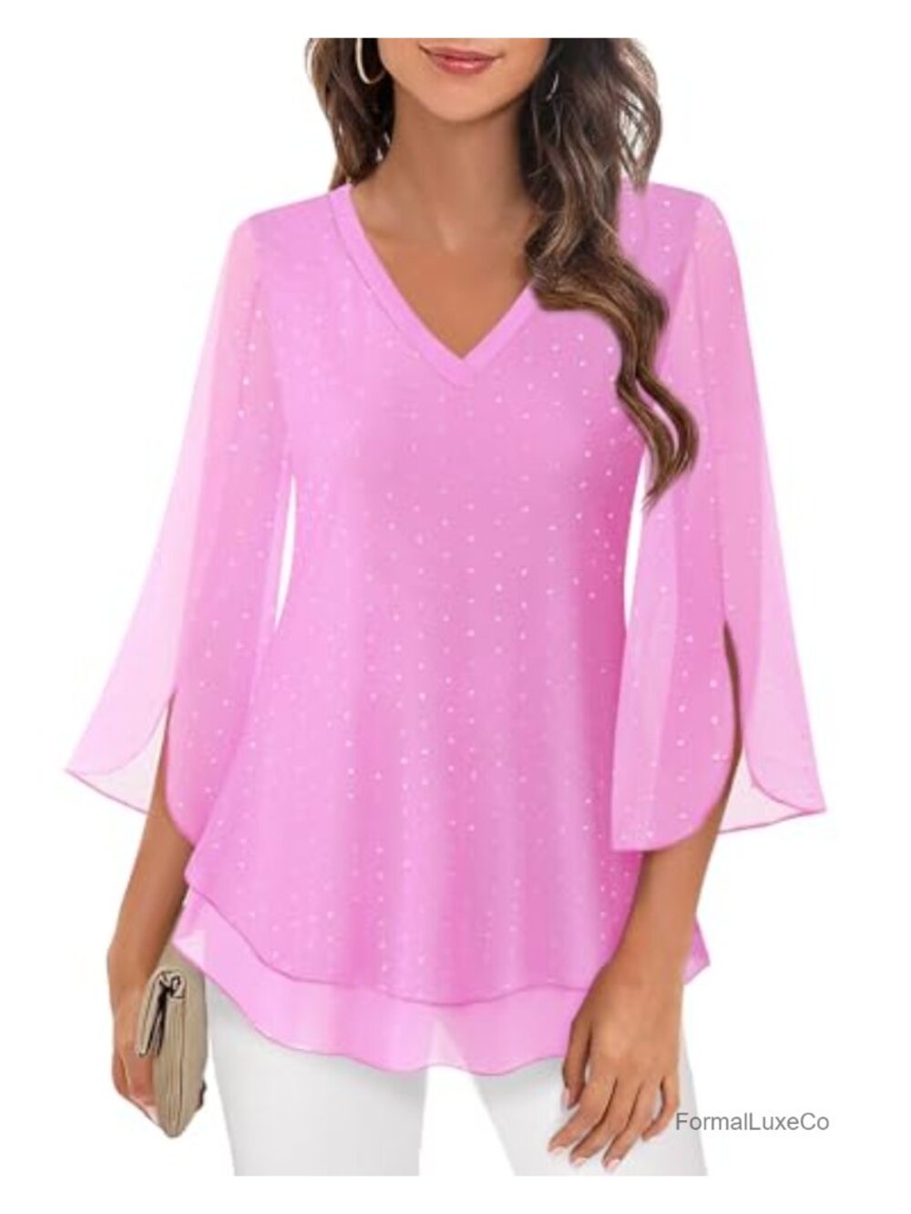 Women's 3/4 Sleeve Floral Blouse Mesh Split V-Neck Tunic Top